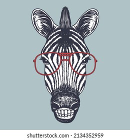 Zebra smile hand drawn wearing a red glasses for your company or brand