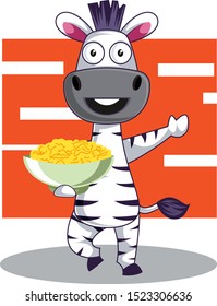 Zebra with snacks, illustration, vector on white background.