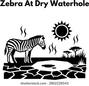 Zebra standing by dried up waterhole in cracked savanna ground global warming drought concept vector icon