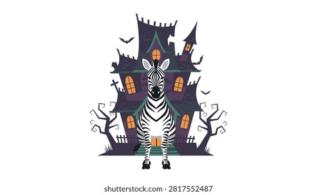 Zebra standing in front of a spooky haunted house illustration with orange glowing windows and barren trees at night.