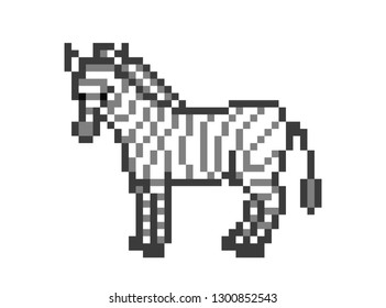 Zebra standing on the ground, 8 bit pixel art character isolated on white background. African wildlife animal symbol. Zoo/national park/safari logotype/emblem/mascot.
