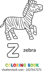 Zebra standing on lawn. Children vector illustration. Animals ABC coloring book for kids. Letter Z