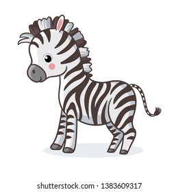 A zebra is standing on a white background and smiling. Vector illustration with cute african animal in cartoon style.