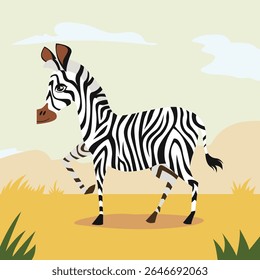 Zebra em pé na savana africana aberta, cercada por grama dourada sob um céu azul claro. Perfeito para os temas de vida selvagem, safári, natureza e paisagem africana.