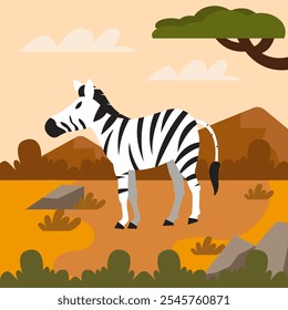 A zebra stands amidst a dry, golden brown savannah with scattered trees under a partly cloudy sky.