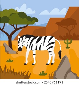 A zebra stands amidst a dry, golden brown savannah with scattered trees under a partly cloudy sky.