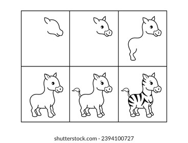 Zebra. Step by step drawing. Coloring page, coloring book page. Black and white vector illustration.