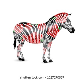 Zebra striped  black and white with red roses.  Zebra walking and bend down.  Wild animal texture. Illustration isolated on white background.
