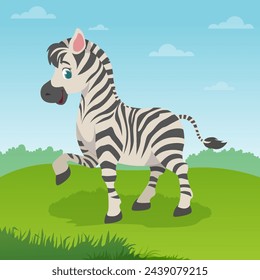 Zebra, striped horse, African savanna animal, striped hide, linear pattern. Wild animal, cute character, isolated object on a bright background