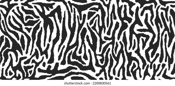 Zebra striped lines fur. Animal skin texture for printing, seamless wildlife pattern. Abstract curved lines ornament. Good for textile, fabric, fashion design. Vector background