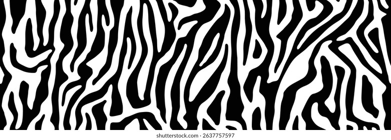 Zebra striped lines fur. Animal skin texture for printing, seamless wildlife pattern. Abstract curved lines ornament. Good for textile, fabric, fashion design. Vector background