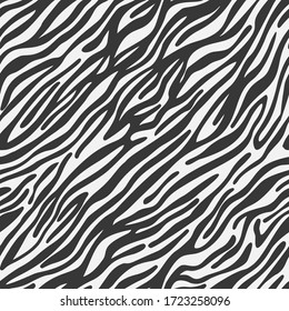 Zebra striped lines fur skin print texture seamless pattern. Animal background. Abstract curved lines ornament. Geometric shapes. Good for textile, fabric, fashion design.