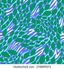 Zebra striped lines fur skin print mixed with floral leaves organic shapes texture seamless pattern. Animal background mixed with geometric shapes. Abstract curved lines ornament.