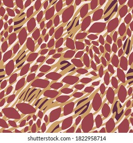 Zebra striped lines fur skin print mixed with floral leaves organic shapes texture seamless pattern. Animal background mixed with geometric shapes. Abstract curved lines ornament.