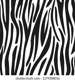 Zebra striped seamless pattern. Black and white animal skin texture. Vector illustration. Natural camouflage pattern for clothing or wrapping. Black and white alternating stripes. Zebra skin imitation