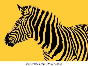 Zebra stripes black and yellow color. Zebra horse black isolated on yellow background.