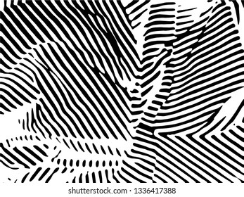 Padrão de listras de zebra. Impressão de zebra, pele animal, listras de tigre, padrão abstrato, fundo de linha, tecido. Incrível ilustração de vetor desenhado à mão. Cartaz, faixa. Arte em preto e branco.