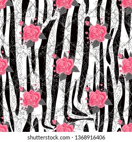 Zebra Stripes with red rose Florals Flowers Seamless Pattern. Zebra print, animal skin, tiger stripes, abstract pattern, line background, fabric. Amazing hand drawn vector illustration. Poster, banner