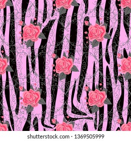 Zebra Stripes with red rose Florals Flowers Seamless Pattern. Zebra print, animal skin, tiger stripes, abstract pattern, line background, fabric. Amazing hand drawn vector illustration. Poster, banner