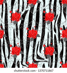 Zebra Stripes with red rose Florals Flowers Seamless Pattern. Zebra print, animal skin, tiger stripes, abstract pattern, line background, fabric. Amazing hand drawn vector illustration. Poster, banner