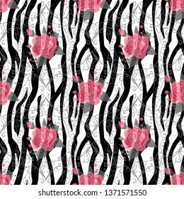 Zebra Stripes with red rose Flowers Seamless Pattern. Zebra print, animal skin, tiger stripes, abstract pattern, line background, fabric. Amazing hand drawn vector illustration. Poster, banner. eps 10