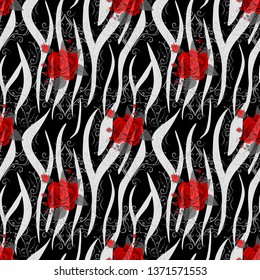 Zebra Stripes with red rose Flowers Seamless Pattern. Zebra print, animal skin, tiger stripes, abstract pattern, line background, fabric. Amazing hand drawn vector illustration. Poster, banner. eps 10