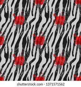 Zebra Stripes with red rose Flowers Seamless Pattern. Zebra print, animal skin, tiger stripes, abstract pattern, line background, fabric. Amazing hand drawn vector illustration. Poster, banner. eps 10