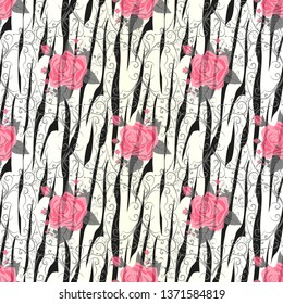 Zebra Stripes with red rose Flowers Seamless Pattern. Zebra print, animal skin, tiger stripes, abstract pattern, line background, fabric. Amazing hand drawn vector illustration. Poster, banner. eps 10