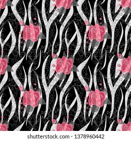 Zebra Stripes with red rose Flowers Seamless Pattern. Zebra print, animal skin, tiger stripes, abstract pattern, line background, fabric. Amazing hand drawn vector illustration. Poster, banner. eps10