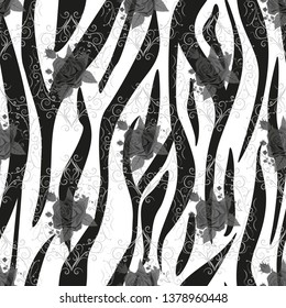 Zebra Stripes with red rose Flowers Seamless Pattern. Zebra print, animal skin, tiger stripes, abstract pattern, line background, fabric. Amazing hand drawn vector illustration. Poster, banner. eps10