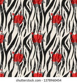 Zebra Stripes with red rose Flowers Seamless Pattern. Zebra print, animal skin, tiger stripes, abstract pattern, line background, fabric. Amazing hand drawn vector illustration. Poster, banner. eps10