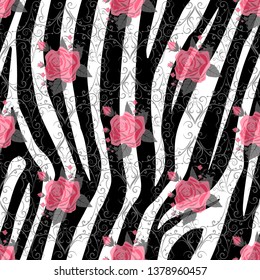 Zebra Stripes with red rose Flowers Seamless Pattern. Zebra print, animal skin, tiger stripes, abstract pattern, line background, fabric. Amazing hand drawn vector illustration. Poster, banner. eps10