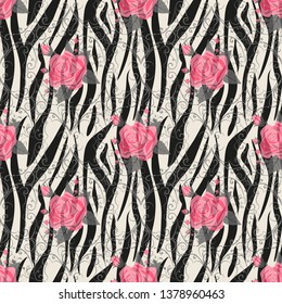 Zebra Stripes with red rose Flowers Seamless Pattern. Zebra print, animal skin, tiger stripes, abstract pattern, line background, fabric. Amazing hand drawn vector illustration. Poster, banner. eps10
