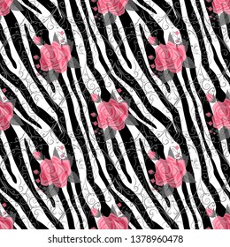 Zebra Stripes with red rose Flowers Seamless Pattern. Zebra print, animal skin, tiger stripes, abstract pattern, line background, fabric. Amazing hand drawn vector illustration. Poster, banner. eps10