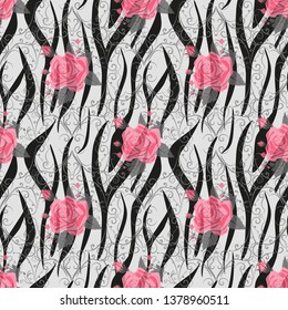 Zebra Stripes with red rose Flowers Seamless Pattern. Zebra print, animal skin, tiger stripes, abstract pattern, line background, fabric. Amazing hand drawn vector illustration. Poster, banner. eps10