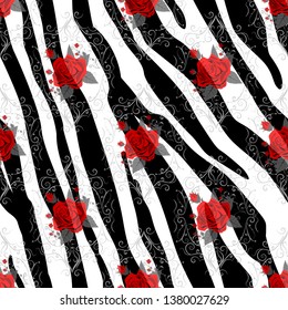 Zebra Stripes with red rose Flowers Seamless Pattern. Zebra print, animal skin, tiger stripes, abstract pattern, line background, fabric. Amazing hand drawn vector illustration. Poster, banner. eps10