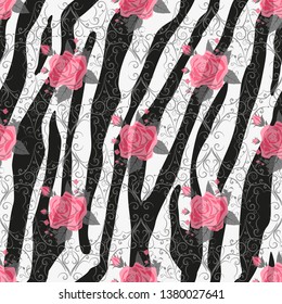 Zebra Stripes with red rose Flowers Seamless Pattern. Zebra print, animal skin, tiger stripes, abstract pattern, line background, fabric. Amazing hand drawn vector illustration. Poster, banner. eps10