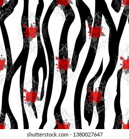 Zebra Stripes with red rose Flowers Seamless Pattern. Zebra print, animal skin, tiger stripes, abstract pattern, line background, fabric. Amazing hand drawn vector illustration. Poster, banner. eps10