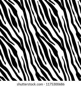 Zebra Stripes Seamless Pattern. Zebra print, animal skin, tiger stripes, abstract pattern, line background, fabric. Amazing hand drawn vector illustration. Poster, banner. Black and white artwork