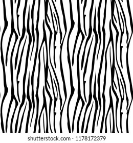 Zebra Stripes Seamless Pattern. Zebra print, animal skin, tiger stripes, abstract pattern, line background, fabric. Amazing hand drawn vector illustration. Poster, banner. Black and white artwork,