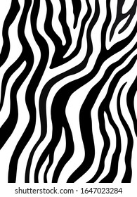 Zebra stripes seamless pattern. Tiger stripes skin print design. Wild animal hide artwork background. Black and white vector illustration