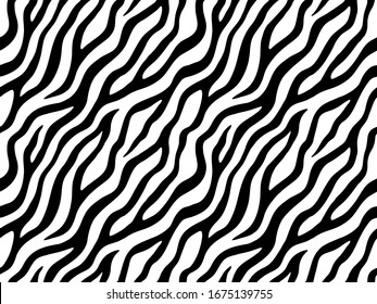 Zebra stripes seamless pattern. Tiger stripes skin print design. Wild animal hide artwork background. Black and white vector illustration