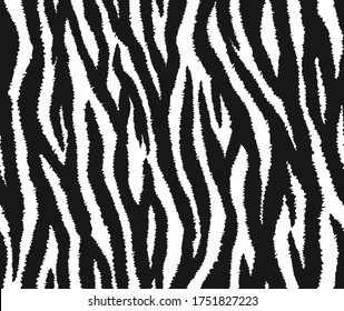 Zebra stripes seamless pattern. Tiger stripes skin print design. Wild animal hide artwork background. Black and white vector illustration