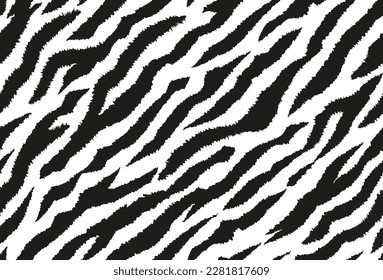 Zebra stripes seamless pattern. Tiger stripes skin print design. Wild animal hide artwork background. Black and white vector illustration.