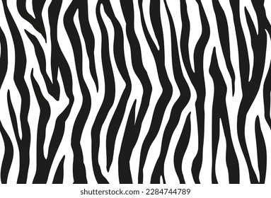 Zebra stripes seamless pattern. Tiger stripes skin print design. Wild animal hide artwork background. Black and white vector illustration