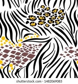Zebra Stripes. Seamless skin pattern of zebra, leopard, snake. Orange, black, white background. Vector seamless pattern.