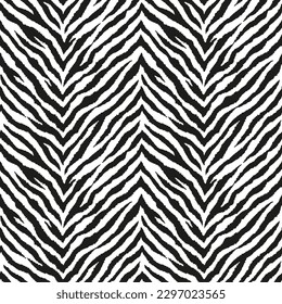 Zebra stripes seamless zigzag pattern. Tiger stripes skin print design. Wild animal hide artwork background. Black and white vector illustration.