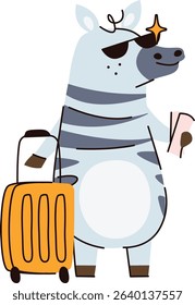 A zebra in sunglasses holding a ticket and suitcase in a playful cartoon style. The animal stands confidently with a star on its nose and a striped pattern. Cartoon vector illustration.