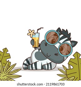 Zebra in sunglasses lies with a cocktail in his hands near the leaves and bushes. Vector illustration for designs, prints and patterns. Isolated on white background