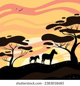 zebra at sunset, silhouette of a zebra on the background of the sunset in the savannah, Africa landscape, the world of wildlife, a family of zebras in the savannah 